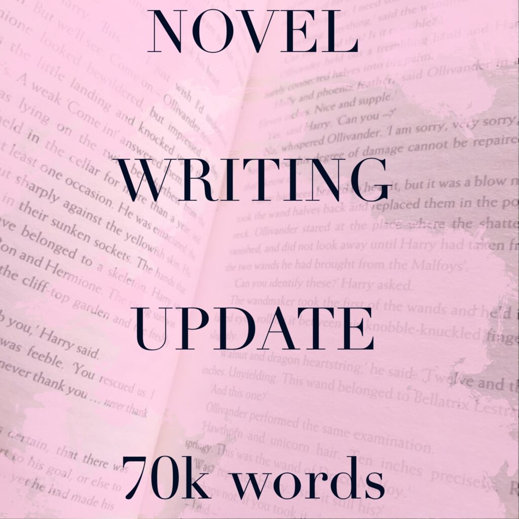 An image of an open book with pink background and the words NOVEL WRITING UPDATE 70 thousand words. Amy is a writing her debut fantasy adventure novel and gives regular updates on her progress on her blog amyleighchandler.