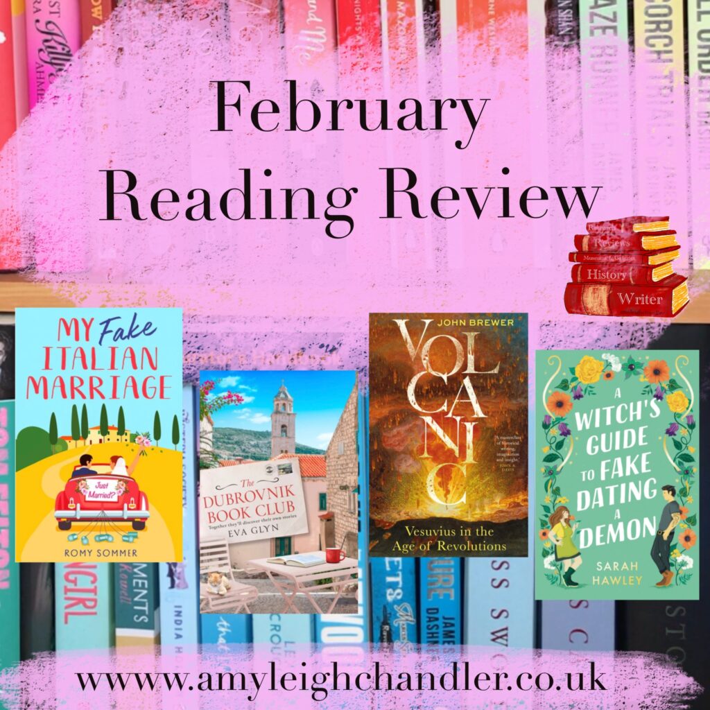 Amy Leigh Chandler's February Reading review with a bookcase with her February book covers.