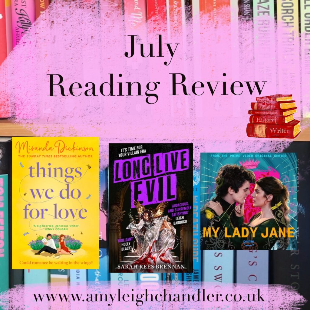 Amy Leigh chandler reviews what she read and watched in July 2024. The image consists of two book covers and one tv show poster.